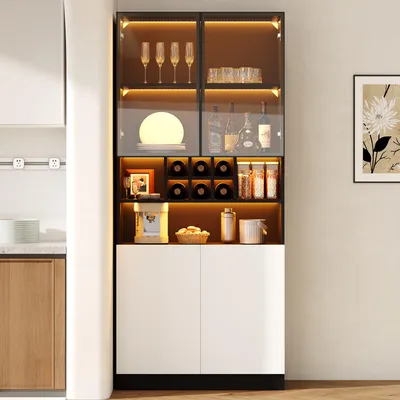 Produktbild von okwish Glasvitrine mit LED, 2 Türen, Hochschrank gehärtetem Glas und offenen Regalfächern, Küchenschrank in Schwarz