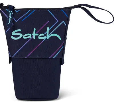 A navy blue pencil case with a geometric pattern and the brand name 'Satch' printed on it.