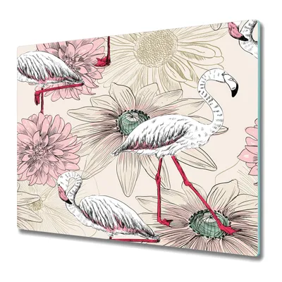 Produktbild von Küchenschneidebrett - Glasschneidebrett - Herdabdeckung - 60x52 - gezeichnete Flamingos