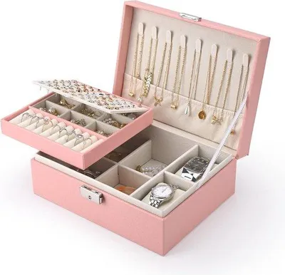 Produktbild von Famanu Schmuckbox 2 Ebenen aus Kunstleder mit Schlüsselverschluss für Ringe, Ohrringe, Armbänder, Halsketten, Uhren - Rosa