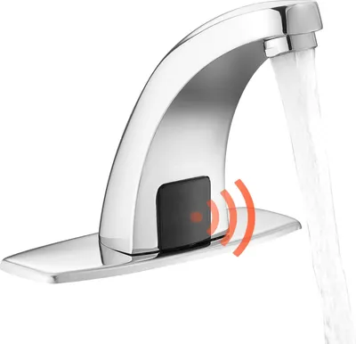 Image de Robinet de lavabo automatique - robinet à capteur - sans contact - alimenté par pile - avec plaque de recouvrement - pour lavabo - chromé argenté