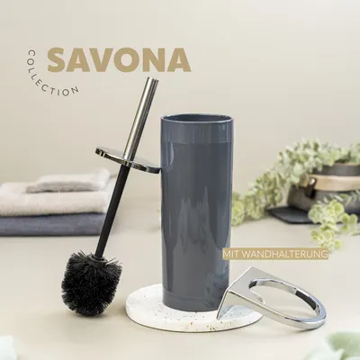 Obrázek produktu pro Bremermann 2dílná koupelnová souprava SAVONA , kosmetický koš 5,5 litru a WC souprava s držákem na stěnu, kulatá šedá barva