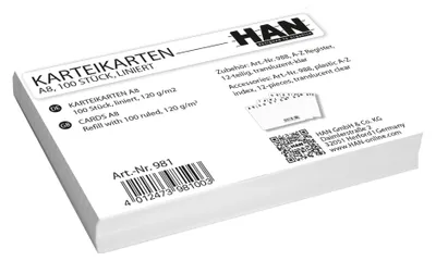 Produktbild von HAN Karteikarten DIN A8 quer, Karteikarton 120 g/m², liniert, weiß, 981