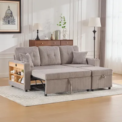 Produktbild von LVHOM Schlafsofa 3 in 1 mit USB und LED, 3 Sitzer Sofa mit Schlaffunktion, Sofabett mit Seitenregal, Modulares Sofa mit Ottomane, Cordstoff, Hellgrau