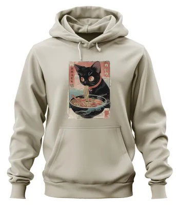 Obrázok produktu pre RMAEN Mikina s kapucňou s motívom: Ramen, Čierna mačka, Japonské cestoviny, Manga, Otaku, prírodná farba, veľkosť M