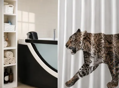 Produktbild von Spirella Leopard Duschvorhang 180x200 Textil Beige Schwarz Tiermotiv Wasserabweisend