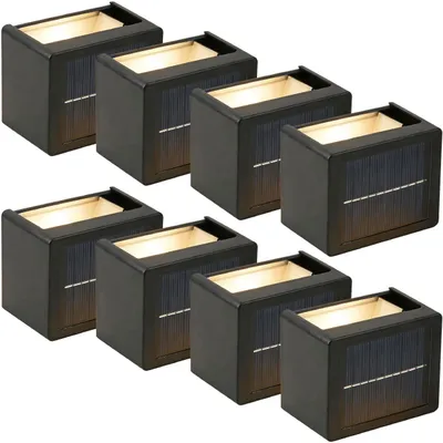 Produktbild von 8er Set LED Solar Wandleuchte für Aussen: Warmweiss/Kaltweiss Garten-Lampe mit Akku & Sensor, IP44 Wasserfest, Deko Strahler für Zaun & Wand