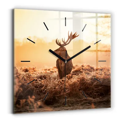 Produktbild von Wallfluent Wanduhr – Stilles Quarzuhrwerk - Uhr Dekoration Wohnzimmer Schlafzimmer Küche - Zifferblatt mit Striche - schwarze Zeiger - 30x30 cm - Hirsche bei Sonnenaufgang