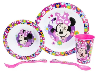 Produktbild von Disney Minnie Mouse Kinder Geschirr-Set 5 teilig Becher Teller Schüssel Besteck