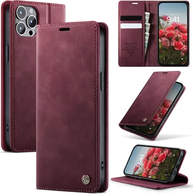 Image de Étui en cuir pour iPhone 12 Pro Max, protection RFID, fermeture magnétique, fentes pour cartes et fonction stand Rouge
