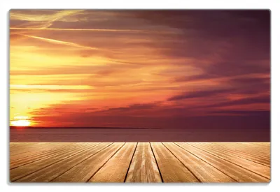 Produktbild von Wallario Frühstücksbrettchen aus Glas 20 x 30 cm mit rutschfesten Füßen, Motiv Steg am See - Sonnenuntergang und roter Himmel