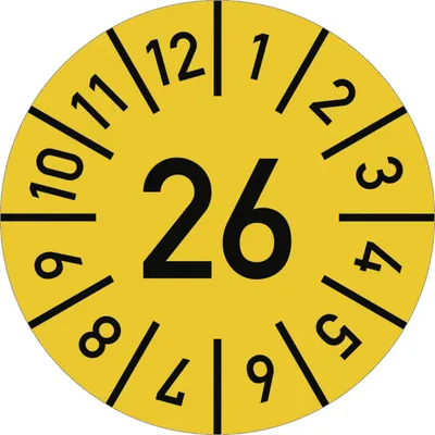 Produktbild von Dreifke® Prüfplakette Jahr 26 mit Monaten, gelb, Folie, Ø 25 mm, 10 Stück/Bogen