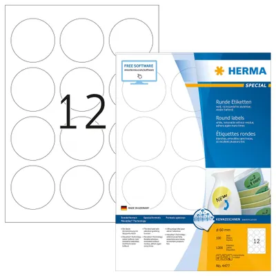 Produktbild von Etiketten A4 weiß Ø 60 mm rund Movables/ablösbar Papier matt 1200 St.