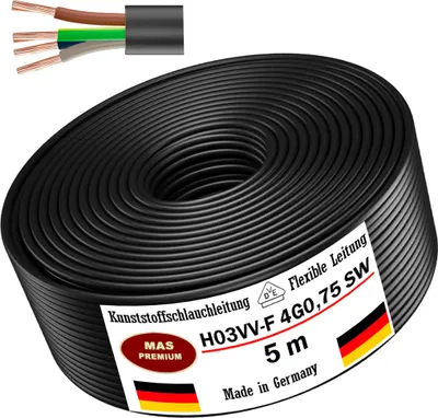 Obrázok produktu pre 5m plastový hadicový kábel H03VV-F 4G0,75 čierny kábel Kábel pre spotrebiče