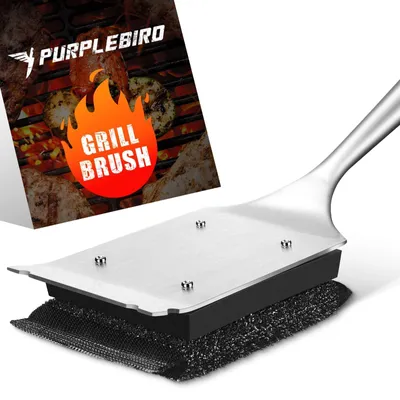 Image de Brosse de nettoyage 3 en 1 pour grill, avec manche en bois et grattoir - Sans poils, 41 cm