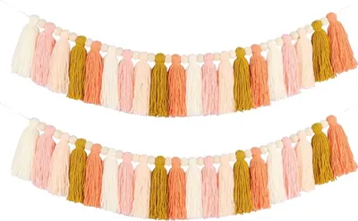 Image de 2 pièces (couleur 4) arc-en-ciel guirlande houppe coton perle bois guirlande bannière tenture murale pastel houppe bannière macramé tissé guirlande
