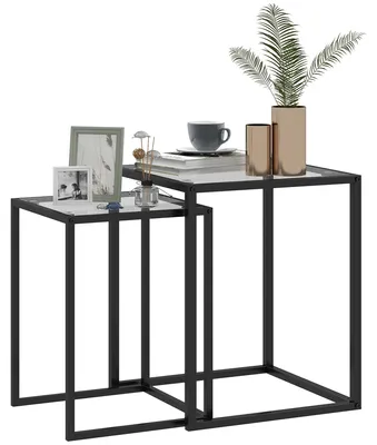 Image de HOMCOM : Ensemble de 2 tables d'appoint modernes, empilables, gain de place, en acier et verre trempé, couleur noire