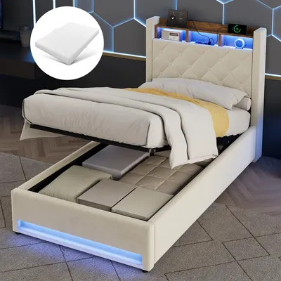 Produktbild von STILVORA Polsterbett 90×200 mit Matratze USB Steckdose und LED Bleuchtung Jugendbett Bettgestell im modernen Design mit Stauraum Kopfteil ohne Matratze, Beige