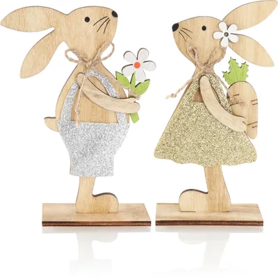 Produktbild von com-four® 2x Deko-Aufsteller für Ostern - Osterhasen mit Blume und Karotte aus Holz - Hasen zum Hinstellen - Osterdekoration aus Holz