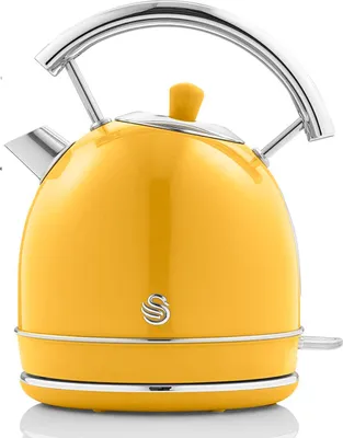 A yellow electric kettle with a silver handle and trim, shown on a white background.