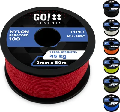 Produktbild von GO!elements 50m Paracord 2mm Seil aus reißfester Nylonschnur - Paracord 100 Typ I Survival Schnur - Reißfest bis 45kg - geeignet als Allzweckseil, Reepschnur, Kordel, Maurerschnur, Farbe: Rot
