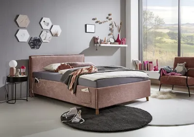 Produktbild von Meise Möbel Kinderbett FUN 120x200 cm | Bettkasten & Lattenrost | Webstoff Rose | Holzfuß eichefarbig
