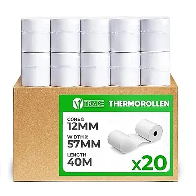 Produktbild von V1 Trade Thermorollen 57mm x 40m x 12mm (20 Stück) – Thermopapier Kassenrollen für Registrierkassen und Bondrucker, 42 g/m²