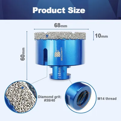 Image de Trépan diamanté - M14 - Diamètre : 68 mm - Pour carrelage, céramique, marbre et granit - Perçage de maçonnerie