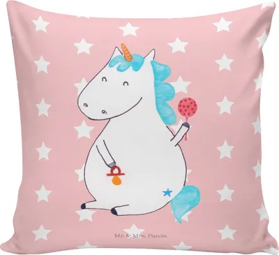 Produktbild von Mr. & Mrs. Panda Sofakissen Einhorn Baby - Rot Pastell - Geschenk, zier kissen, 40x40, Unicorn, Dekokissen, kuschelkissen, Geburtstag, bedruckt, Geburt, Mutter, Einhörner