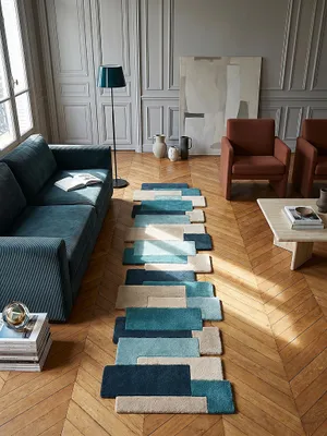 Produktbild von Flurläufer Kurzflor Geometrisch Wolle Türkis 60x230 cm Flur Küche Modern HALLEIN | Kadima Design