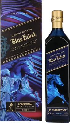 A bottle of Johnnie Walker Blue Label whisky and its gift box, both featuring a design with blue horses and gold accents.