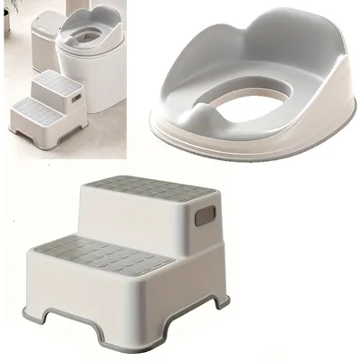 A collage of images showing a child's toilet seat and a two-step stool, with one image showing the toilet seat in context with a toilet and trash can.