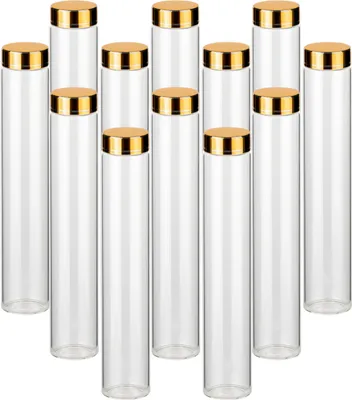 Produktbild von gouveo 12er Set Schraubgläser 150 ml Tube mit Deckel goldfarben - Kleine zylinderförmige Gläser mit Verschluss für Gewürze, Kosmetik, Bastelzubehör
