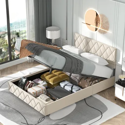 Produktbild von MODFU Boxspringbett 140x200 mit Matratze,Kopfteil, Hydraulisches Polsterbett Jugendbett mit Lattenrost und Metallrahmen, Stauraumbett Bettgestell mit Bettkasten,Beige