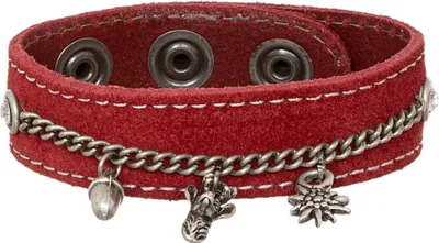 Produktbild von Rotes Velourleder Armband Modell 19-3705 mit silberfarbenen Hirsch-, Eichel- und Edelweiß-Anhängern