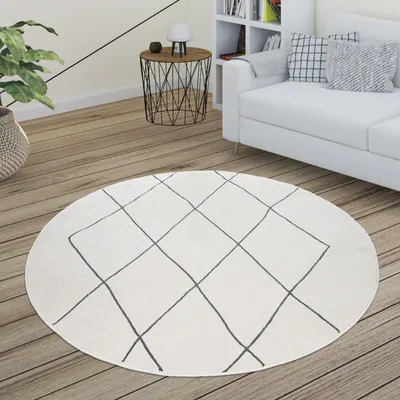 Produktbild von Teppich Wohnzimmer Skandi Rauten Muster Modern Weiß Verschiedene Designs Größen Grösse 160 cm Rund