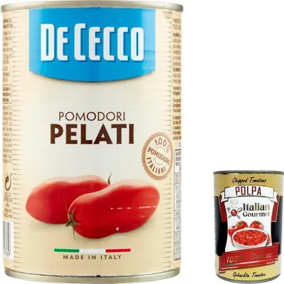 Produktbild von 12x De Cecco Pomodori Pelati geschälte Tomaten 100% italienische Tomaten 400 g Tomatensauce + Italian Gourmet polpa 400g