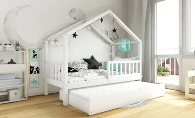 Produktbild von DOMI BIS2 Hausbett Kinderbett Holzbett 90x200 Weiß, Schubkasten mit Schlaffunktion, 2 Lattenroste, Rausfallschutz