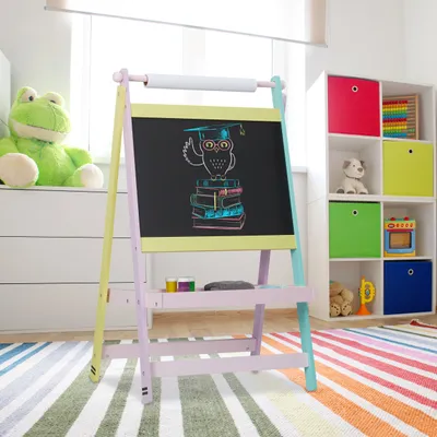 Produktbild von Relaxdays Kindertafel, 2 in 1, mit Papierrolle, Malen, Zeichnen, Kreidetafel Kinder, freistehend, HBT: 90x56x42 cm, bunt