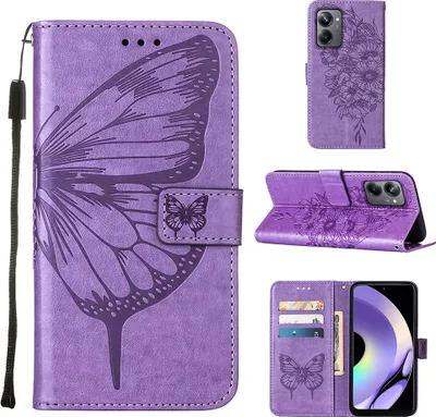 Produktbild von Lederhülle für Realme 10 Pro 5G Schmetterling Prägung Flip Ledertasche Kartenfächer Handyhülle mit Ständer Violett