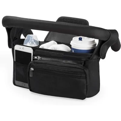 Produktbild von Minicee Kinderwagen Organizer mit isoliertem Flaschenhalter, Buggy Tasche mit Reißverschlussfach, Schultergurt, universal Schwarz