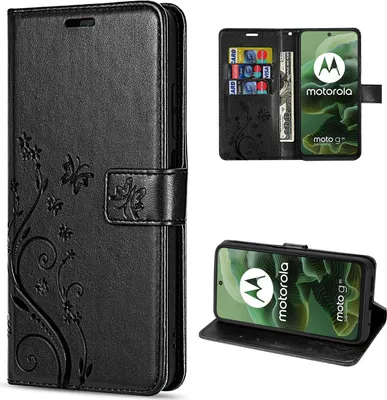 A collage of images showing a black leather phone case with floral and butterfly embossing, and a phone inside the case.
