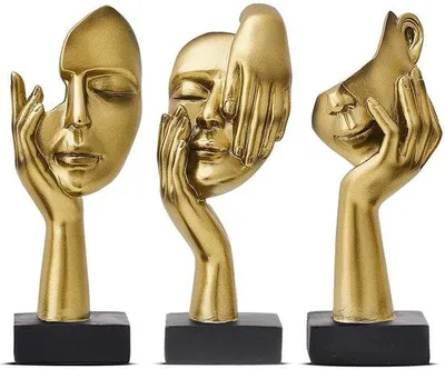 Productafbeelding van Unyqoos® Set van 3 abstracte denkersculpturen van hars, goudkleurig – moderne decoratie voor woonkamer, kantoor en dressoir
