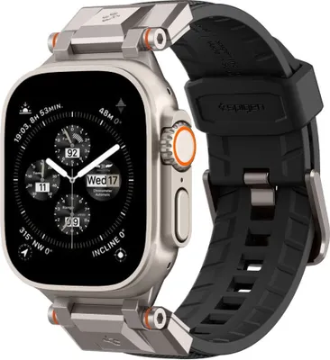 A close-up studio shot of a smartwatch with a black band and silver accents.