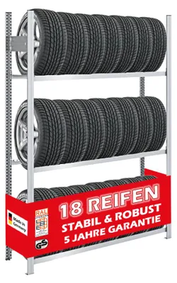 Produktbild von Reifenregal TIRE PRO Germany | Grundregal | HxBxT 200x150x43cm | 150kg Fachlast | bis zu 18 Reifen auf 3 Ebenen | Verzinkt