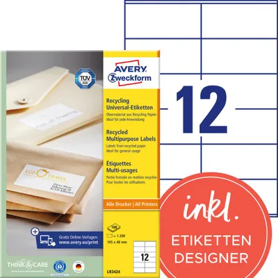 Produktbild von Avery Zweckform LR3424, Recycling Universal-Etiketten, A4, 105 x 48 mm, 1.200 Etiketten / 100 Bögen, naturweiß