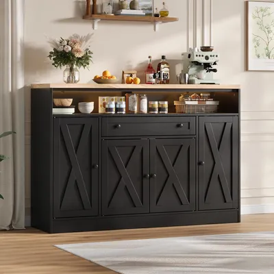 Produktbild von Küchenschrank, Sideboard mit LED-Beleuchtung, Schublade und Türablagen, Schwarz