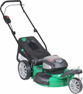 A green and black electric lawnmower is shown against a white background.