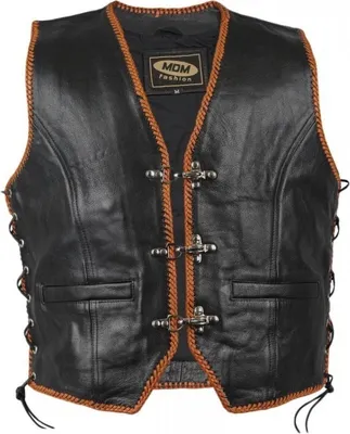 Produktbild von Lederkutte mit orangen Kordeln, Lederweste, Rockerweste, Clubweste, Rindsleder(S)