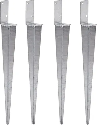 Four silver metal post anchors are arranged in a row against a white background.